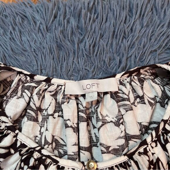 Ann Taylor Loft Brown White Floral Cotton Peasant Style Blouse Size L - Picture 5 of 8